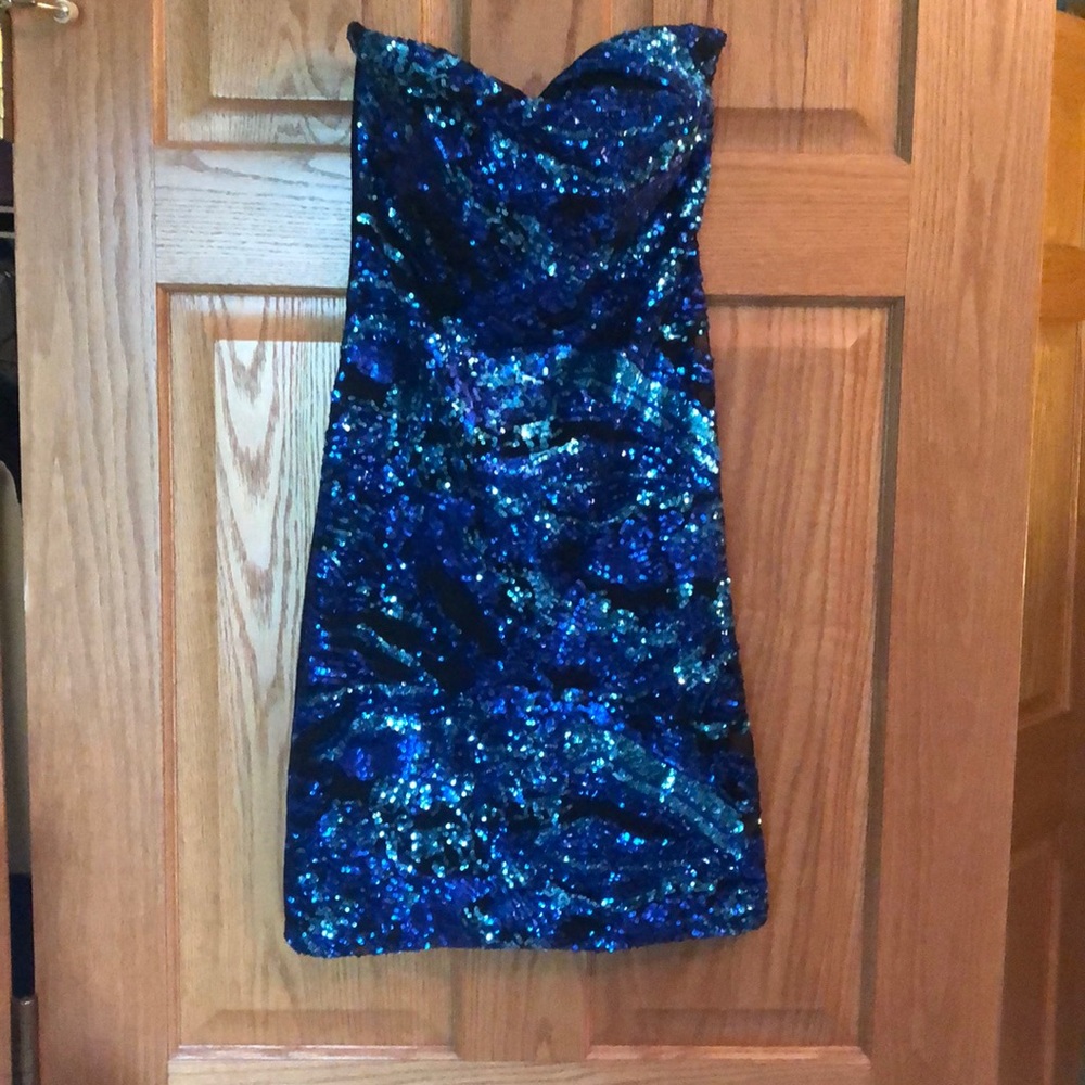 Strapless, sequin mini dress.